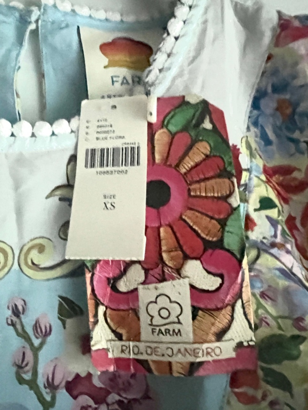 FARM Rio x Anthropologie Blue Floral Printed Lace Trimmed Blouse Size XS NWT - Picture 6 of 7